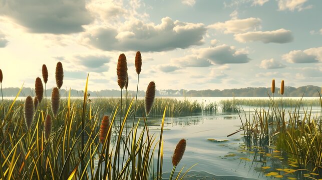 Serene lakeside view with tall grass and cattails under a partly cloudy sky, reflecting in the calm water during a tranquil day.