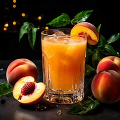 glass of peach  juice with fruits