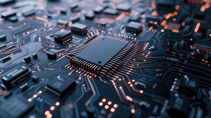 Obraz premium Close-up of Microchip on Blue Circuit Board