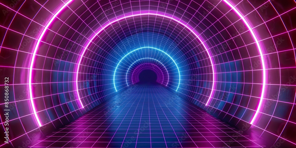 Wall mural tunnel with colorful lights and a colorful pattern of lines.
