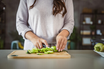 An unknown adult caucasian woman stand and cut cucumber at home