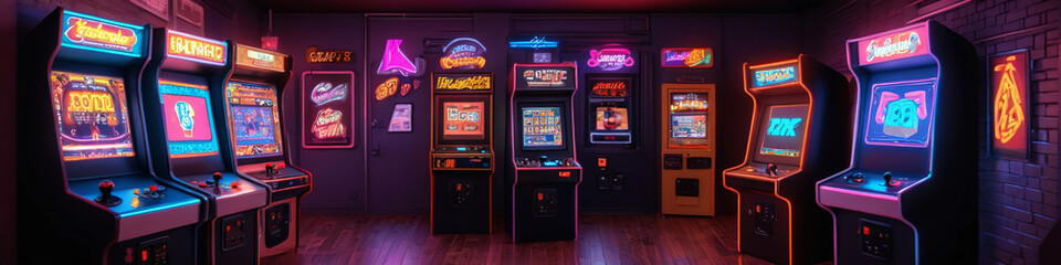 Vintage Arcade Bliss: Artistic Concept of a Retro Video Games Room, Generative AI