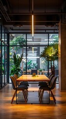 Fototapeta premium Modern office meeting room with large windows and plants.