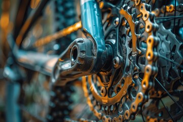 Close up of a mountain bike's chain and crankset.