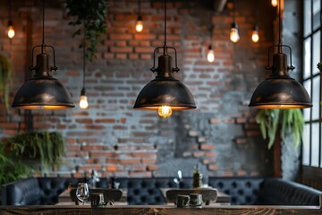 industrial pendant lights over a dining table