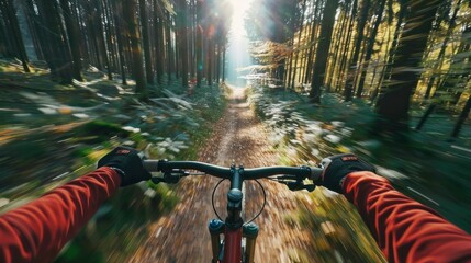 pov riding bike in the forest at high speed with sweeping effect