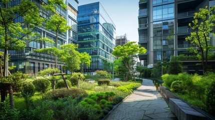 Obraz premium A park with a path and trees in front of a building