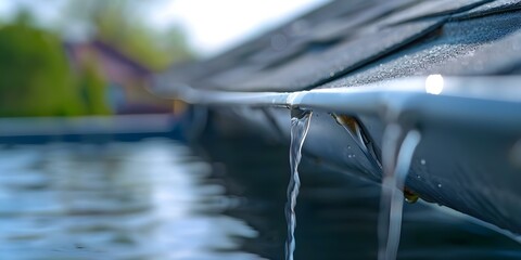 Macro view of gutter diverter directing water into storage tank. Concept Macro Photography, Gutter Diverter, Water Conservation, Storage Tank, Eco-Friendly Solutions