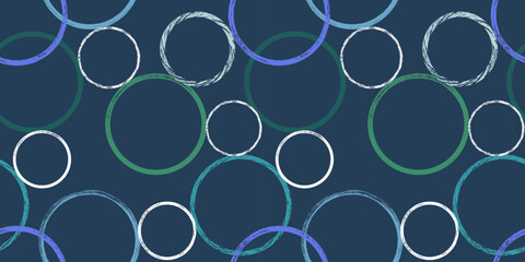 Abstract geometric seamless pattern with textured circles on black. Repeated geometry brush strokes texture. Great for textile, fabric, wallpaper, wrapping, scrapbook and packaging