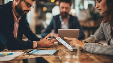 Three people are sitting at a table with laptops and tablets