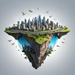 Fototapeta premium Small planet with city on top of it in the middle of the sky, Modern Building. 