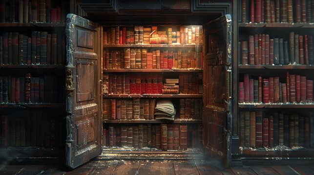 A mysterious library entrance hidden among the bookshelves, revealing ancient and vintage books in warm lighting.