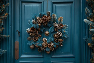 Pine Cone Wreath on Blue Door