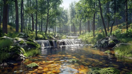 Forest Stream Cascades Over Mossy Rocks. Light Filters Through the Canopy Above.