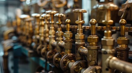 Rows of Industrial Brass Valves in Factory