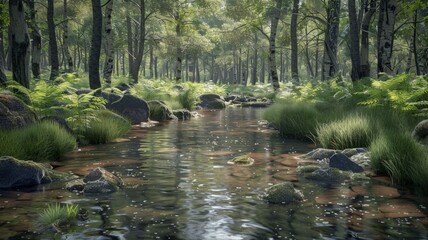 Peaceful Stream in a Dense Forest. Soft Sunlight Highlights the Verdant Foliage.