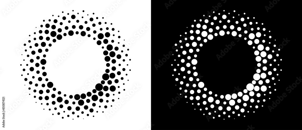 Poster Modern abstract background. Halftone dots in circle form. Round logo, design element or icon. Vector dotted frame. A black figure on a white background and an equally white figure on the black side.