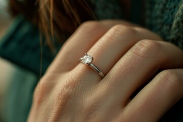 Closeup of a sparkling diamond ring on a woman's finger, symbolizing engagement or fashion jewelry