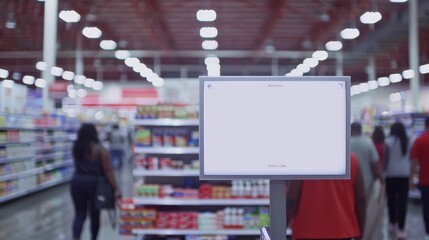 Busy supermarket aisle with a blank sign in the foreground and blurred shoppers in the background, highlighting consumer activity and retail environment.