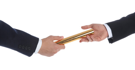 Businessman passing relay baton to colleague isolated on white, closeup