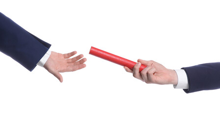 Businessman passing baton to his partner on white background, closeup