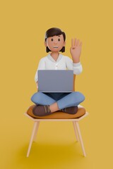 3D illustration of woman working on laptop while gives four gestures