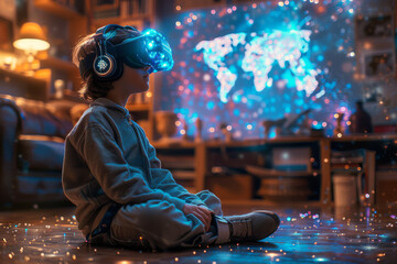 Young boy, seated on the floor with VR headset is engrossed in a virtual world. An abstract holographic map and glowing data points float above, lighting up the area