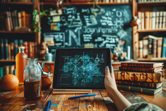 A hand holds a tablet displaying scientific drawings and formulas, surrounded by books, pens, and a chalkboard background. - Powered by Adobe