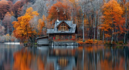 Fototapeta premium Stone Cottage on a Misty Autumn Lake