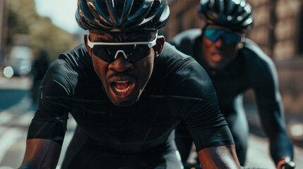Cyclists in action on sunlit city street