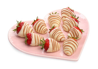 Heart shaped plate with delicious chocolate covered strawberries isolated on white
