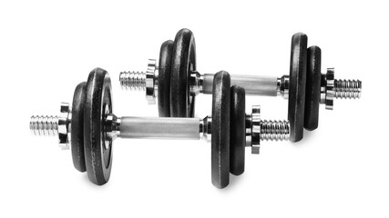 Metal dumbbells isolated on white. Sports equipment