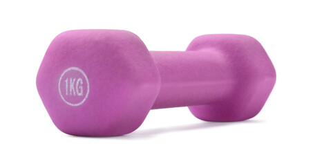 Obraz premium Violet dumbbell isolated on white. Sports equipment