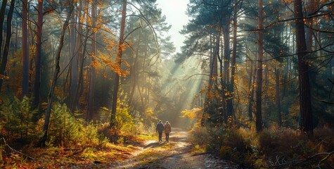 Obraz premium Couple Walks Through Sunlit Forest Path in Autumn