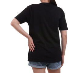 Obraz premium Woman in stylish black t-shirt on white background, back view