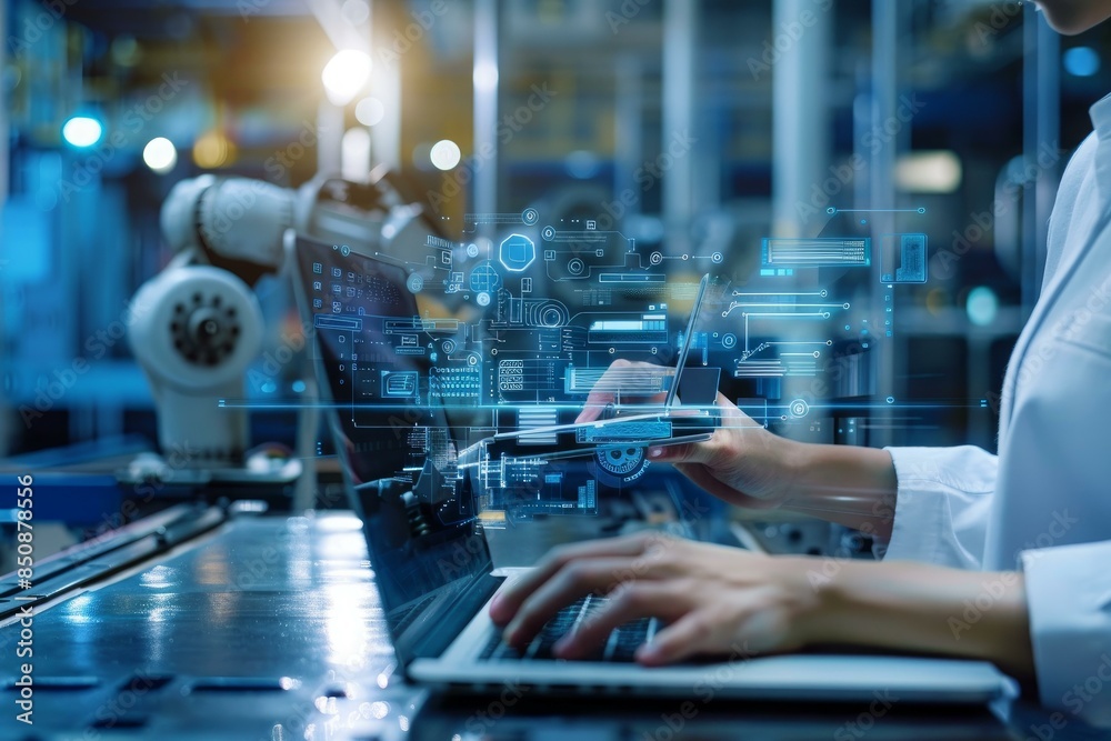 Poster engineer uses laptop in smart factory with automation robotic arm and digital interface