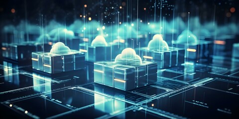 Cloud computing transfers data across global network for virtualized digital services. Concept Cloud Computing, Data Transfer, Global Network, Virtualized Services, Digital Transformation