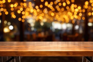 Empty Wood Table with Festive Bokeh Lights
