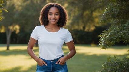 Young black woman wearing white t-shirt and blue jeans standing in nature