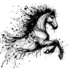 line art splashes of black paint form a horse animal