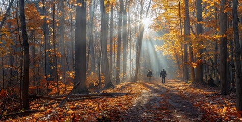 Fototapeta premium Two People Walking Through a Misty Autumn Forest