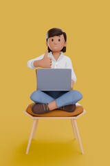 3D illustration of woman working on laptop and give thumb up