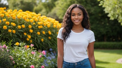 Fototapeta premium Young black woman wearing white t-shirt and blue jeans standing in the garden