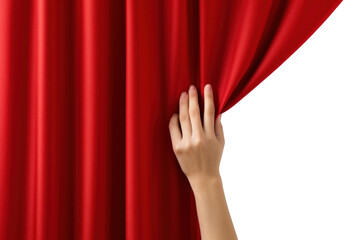 PNG  Hand pulling red curtain elegance textile pattern.