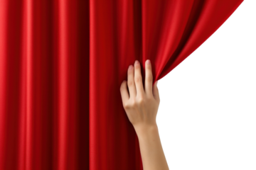 PNG  Hand pulling red curtain elegance textile pattern.