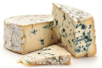 Creamy wedge of blue cheese isolated on a white backdrop, showing texture and mold veins