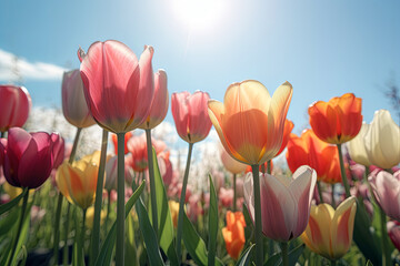 a field of tulips with the sun shining in the background