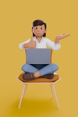 3D illustration of woman working on laptop while give thumb up to something at her hand