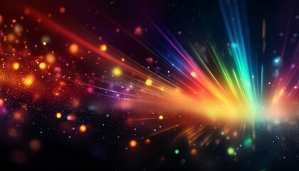 Fototapeta premium Firefly Blur colorful warm rainbow light leaks on black background with dust texture; blurred neon, AI