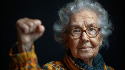 Elderly Woman Raising Fist in Determination